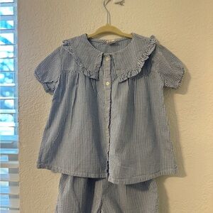 H&M Blue Striped Ruffle Collar Top and Shorts Set